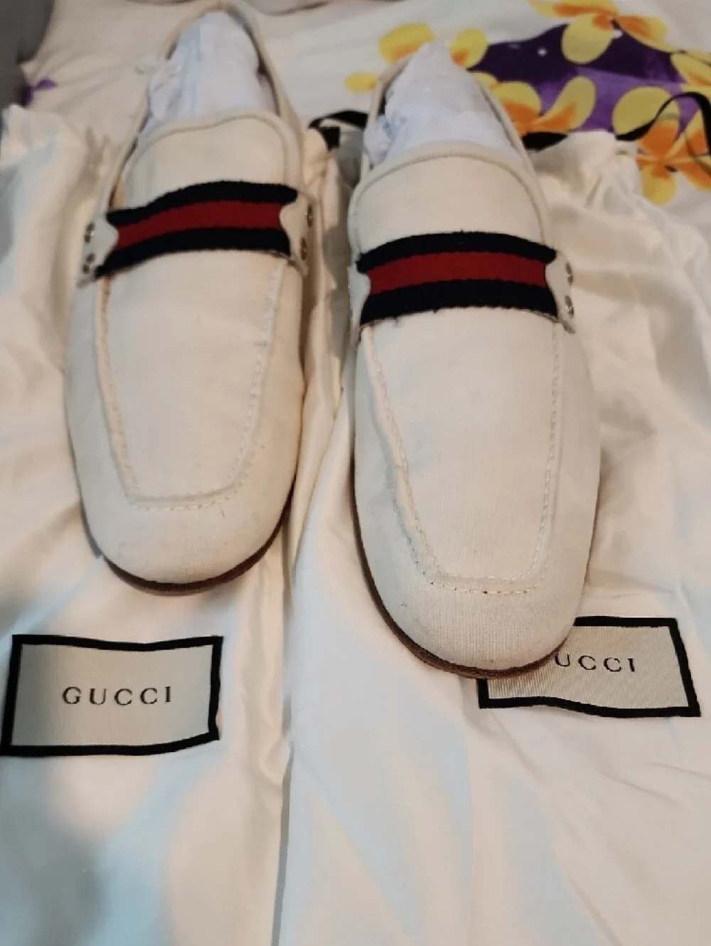 Gucci Ivory Canvas Loafers with Red & Blue Web Stripe